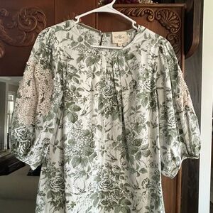 Umgee Cream Top with Sage Green Botanical Print and Lace Trim